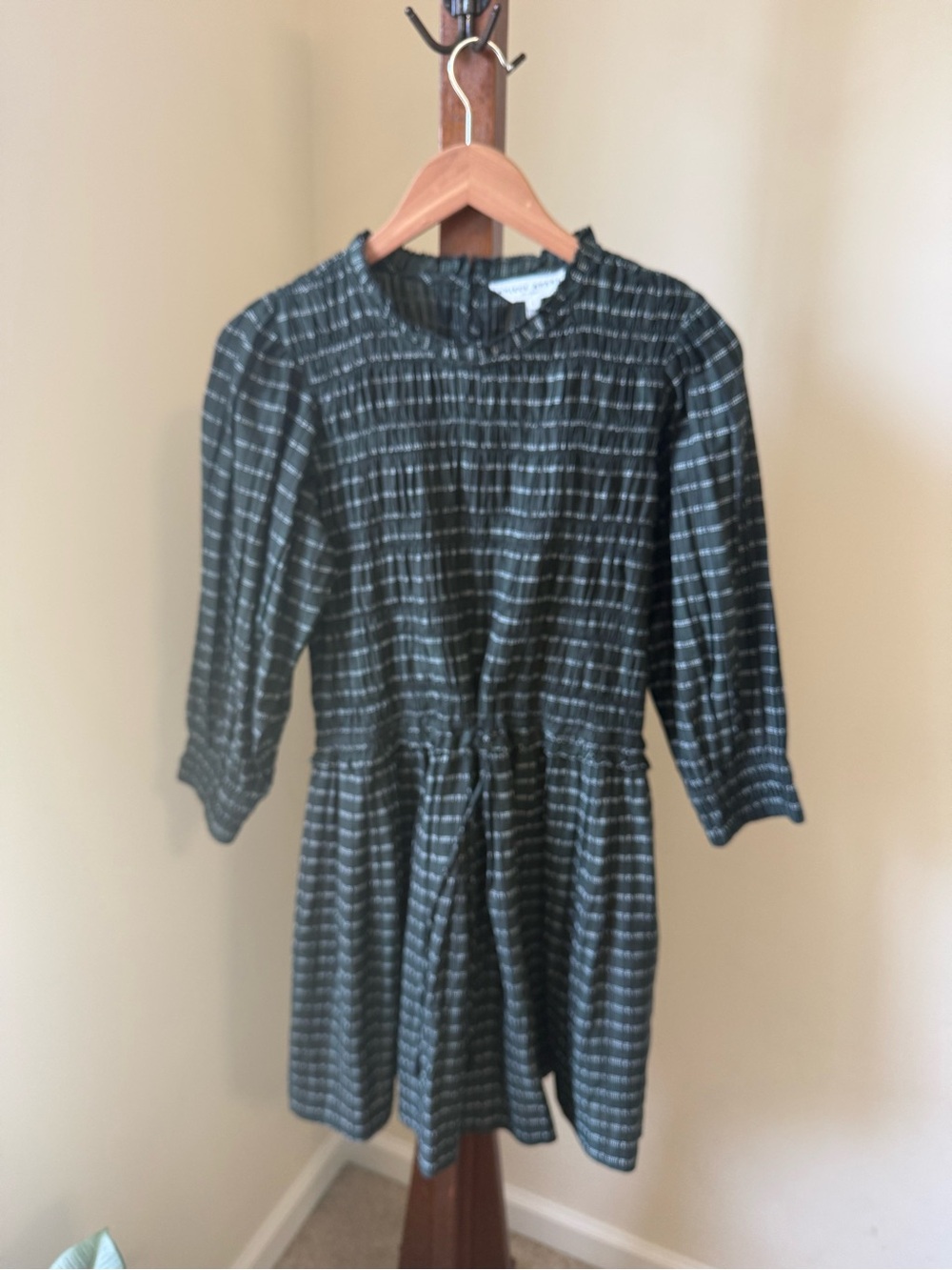 Apiece Apart Dark Green Plaid Long-Sleeve Drawstring Waist Dress